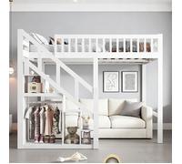 Lit mezzanine 140x200 cm bois massif avec sommier à lattes lit surélevé 140x200 cm pour adulte ou enfant clôture blanc