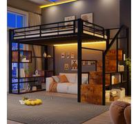 Lit Mezzanine 140x200 cm en fer,lit en hauteur with barrière de sécurité et compartiment de rangement,échelle,bande lumineuse LED,lit mezzanine 2 places avec espace de rangement en dessous et escalier