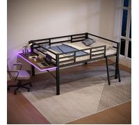 Lit mezzanine 140x200 cm - Métal noir - Bureau pliable - Éclairage LED - 2 places