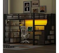 lit mezzanine 140x200 en métal avec escalier, bureau intégré, compartiments de rangement, station de recharge USB et lumière LED, noir