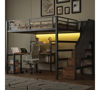 lit mezzanine 140x200 en métal avec escalier, bureau intégré, compartiments de rangement, station de recharge USB et lumière LED, noir