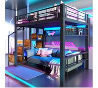 Lit mezzanine 140x200cm, lit enfant avec filet suspendu, lit superposé avec bande lumineuse LED, Escalier de rangement,métal, noir