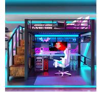 Lit mezzanine, 140x200cm métal, lit 2 place avec filet suspendu, lit superposé avec bande lumineuse LED, espace de rangement, noir