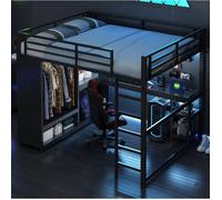 Lit mezzanine 160x200 en métal noir avec bureau, penderie ouverte, étagères, LED et station de charge