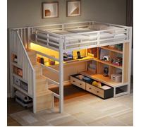 Lit Mezzanine 2 Place Adulte Métal 140x200 cm, Bureau Spacieux, 2 Tiroirs et Escalier à Rangement avec LED-Blanc O.Ye LIT MEZZANINE
