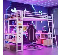 Lit Mezzanine 2 Place avec bande lumineuse LED et port USB, Lit Superposé Enfant 140x200 avec bureau et rangements, avec plusieurs étagères et paroi perforée, Structure en fer Blanc(Sans Matelas)