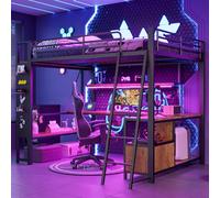 Lit Mezzanine 2 Place avec bande lumineuse LED et port USB, Lit Superposé Enfant 140x200 avec bureau et rangements, avec plusieurs étagères et paroi perforée, Structure en fer Noir(Sans Matelas)