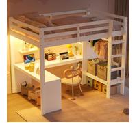 Lit Mezzanine 2 Place avec USB et LED, Lit Enfant 140x200 avec étagères Multifonctions et Bureau sous, Blanc (Sans Matelas)