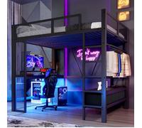 Lit Mezzanine 2 Places 140x200 avec Bureau, Port USB et Eclairage LED, Lit Gaming Gamer avec 3 Tiroirs et Penderie, Métal, Noir