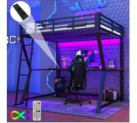 Lit mezzanine 2 places 140x200 cm,lit ado lit double avec LED,tablette pour console de jeux,bureau,prise électrique+USB,noir