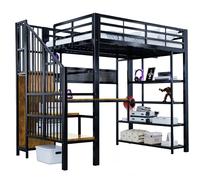 Lit mezzanine 254,3/144/172,5 cm noir en métal et bois avec LED et rangements