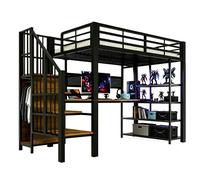 Lit mezzanine 254,3/94,3/172,5 cm noir en métal et bois avec LED et rangements