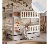 Lit mezzanine 80x180 cm avec 2 matelas et 2 tiroirs Lit superposé avec protection contre les chutes et sommier à lattes, transformable en 2 lits pour enfants, en bois massif blanc