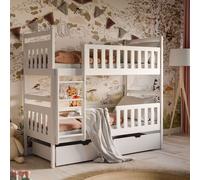 Lit mezzanine 80x180 cm avec 2 tiroirs Lit superposé avec protection contre les chutes et sommier à lattes, transformable en deux lits d'enfant, en bois massif blanc