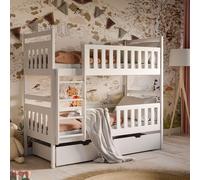 Lit mezzanine 80x180 cm avec 2 tiroirs Lit superposé avec protection contre les chutes et sommier à lattes, transformable en deux lits d'enfant, en bois massif blanc
