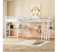 Lit mezzanine 90×200 cm avec double escalier et table sous le lit, Lit enfant avec garde-corps haut, deux lits superposés, Blanc