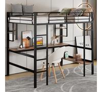 Lit mezzanine, 90 × 200 cm, lit en métal avec bureau, 4 petites étagères et une grande bibliothèque, pour enfants, adolescents et adultes, noir