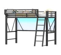Lit mezzanine 90/200 cm noir en métal avec LED et panier de rangement