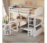 Lit mezzanine 90*200, lit enfant multifonctionnel avec échelle, table extensible, canapé rembourré,étagère de rangement, bois