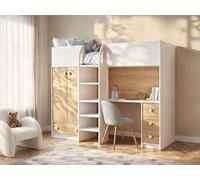 Lit mezzanine 90 x 190 cm avec armoire et bureau - Blanc et naturel - CINAMO