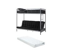 Lit mezzanine 90 x 190 cm - Avec banquette convertible - Métal - Argent + Futon + Matelas - MODULO V