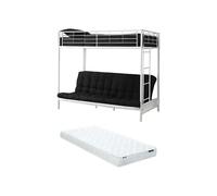 Lit mezzanine 90 x 190 cm - Avec banquette convertible - Métal - Blanc + Futon + Matelas - MODULO V