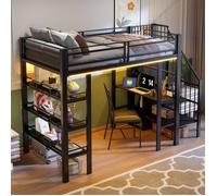 Lit Mezzanine 90 x 200 avec Bureau et LED, Prise Électrique, Étagères et 3 Niveaux de Rangement, Structure Métal Noir