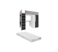 Vente-unique Lit mezzanine Nicolas II 90x200 cm armoire et bureau Anthracite/Blanc + matelas enfant