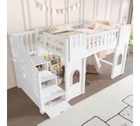 Lit mezzanine 90 x 200 cm avec escalier à rangement et fenêtre, lit d'enfant en pin massif et MDF, lit ludique robuste avec barrière de sécurité, sommier à lattes inclus, blanc