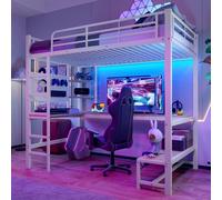 Lit mezzanine 90 x 200 cm en métal avec bureau, bande LED, prise USB Type-C et panneau perforé. Lit mezzanine pour adolescent avec échelle et garde-corps, blanc