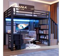 Lit mezzanine 90 x 200 cm en métal avec bureau, éclairage LED et 4 tiroirs, lit d'enfant avec escalier, espace de rangement et barrières de sécurité, stable, sans matelas, noir