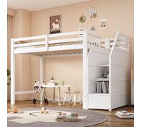 Lit mezzanine 90 x 200 cm en pin massif avec escalier et espace de rangement, blanc | Lit d'enfant EN 747 avec sommier à lattes et barrière de sécurité, lit ludique peu encombrant