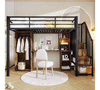 Lit mezzanine 90 x 200 cm noir avec armoire et bureau, structure en acier avec escalier intégrant des rangements et des étagères, sommier vendu sans matelas