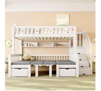 Lit mezzanine - 90x200 2-en-1 - Bureau pliant - Rangement escalier - Bois blanc