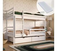 Lit mezzanine 90x200 avec 2 tiroirs et 2 matelas Lit superposé avec protection contre les chutes et sommier à lattes, transformable en deux lits d'enfant, en bois massif blanc