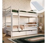 Lit mezzanine 90x200 avec 2 tiroirs et 2 matelas Lit superposé avec protection contre les chutes et sommier à lattes, transformable en deux lits d'enfant, en bois massif blanc