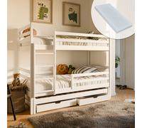 Lit mezzanine 90x200 avec lit gigogne et trois matelas Lit superposé avec fonction gigogne, deux tiroirs, sommier à lattes, protection contre les chutes, transformable en trois lits simples, en bois m