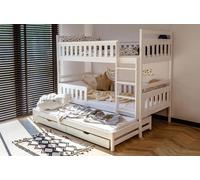 Lit mezzanine 90x200 avec lit gigogne superposé 2 tiroirs et 2 matelas, sommier à lattes, protection contre les chutes, transformable en 3 lits simples, en bois massif blanc