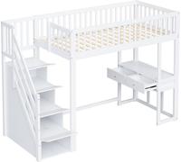 lit mezzanine 90x200 avec table multifonctions, escalier de rangement sécurisé, cadre de lit en pin massif pour enfants et adolescents Blanc