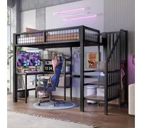 Lit mezzanine 90x200 cm avec bureau, armoire, étagères et espace de rangement, lit en métal au design loft moderne, noir/marron