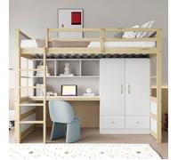 Lit Mezzanine 90x200 cm avec bureau et armoire - lit simple - avec tiroirs, échelle droite, garde-corps de sécurité, lit ado, Blanc