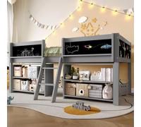 Lit mezzanine 90x200 cm avec étagères, barrière de sécurité et échelle, lit pour enfant en pin/MDF, gain de place, sans matelas, couleur gris