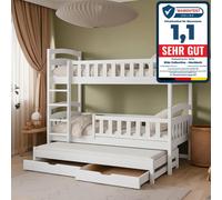 Lit mezzanine 90x200 cm avec lit gigogne Lit superposé avec deux tiroirs, sommier à lattes, protection contre les chutes, transformable en trois lits simples, en bois massif blanc
