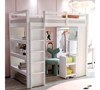 Lit mezzanine 90x200 cm avec penderie et étagères, en bois, blanc