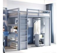 Lit mezzanine 90x200 cm avec penderie et étagères, en bois, gris