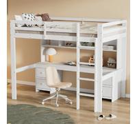 Lit mezzanine 90x200 cm avec table, rambarde et escalier, en pin, blanc