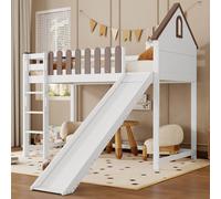 Lit mezzanine 90x200 cm avec toboggan, toit et fenêtres, échelle à 3 marches et barrière de sécurité, lit cabane pour enfants et adolescents, pin/MDF, blanc/noyer
