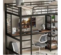 Lit mezzanine 90x200 cm en fer et mdf, noir bois foncé, table et étagères, grille métal, garde-corps et échelle