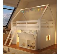 Lit mezzanine 90x200 cm en forme de cabane avec escalier, éclairage LED, caissons de rangement, poches en tissu et protection anti-chute, bois massif, blanc