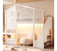 Lit mezzanine 90x200 cm en forme de maisonnette, lit enfant avec escalier de rangement, éclairage LED, barrière de sécurité haute et espace pour coin jeux, métal, blanc